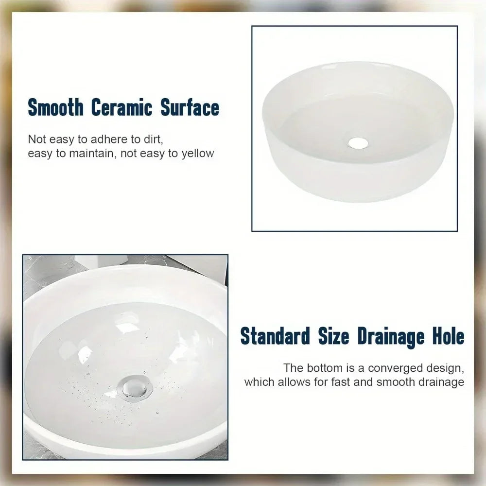 14 inch White Ceramic Bathroom Sink Round Countertop Sink,