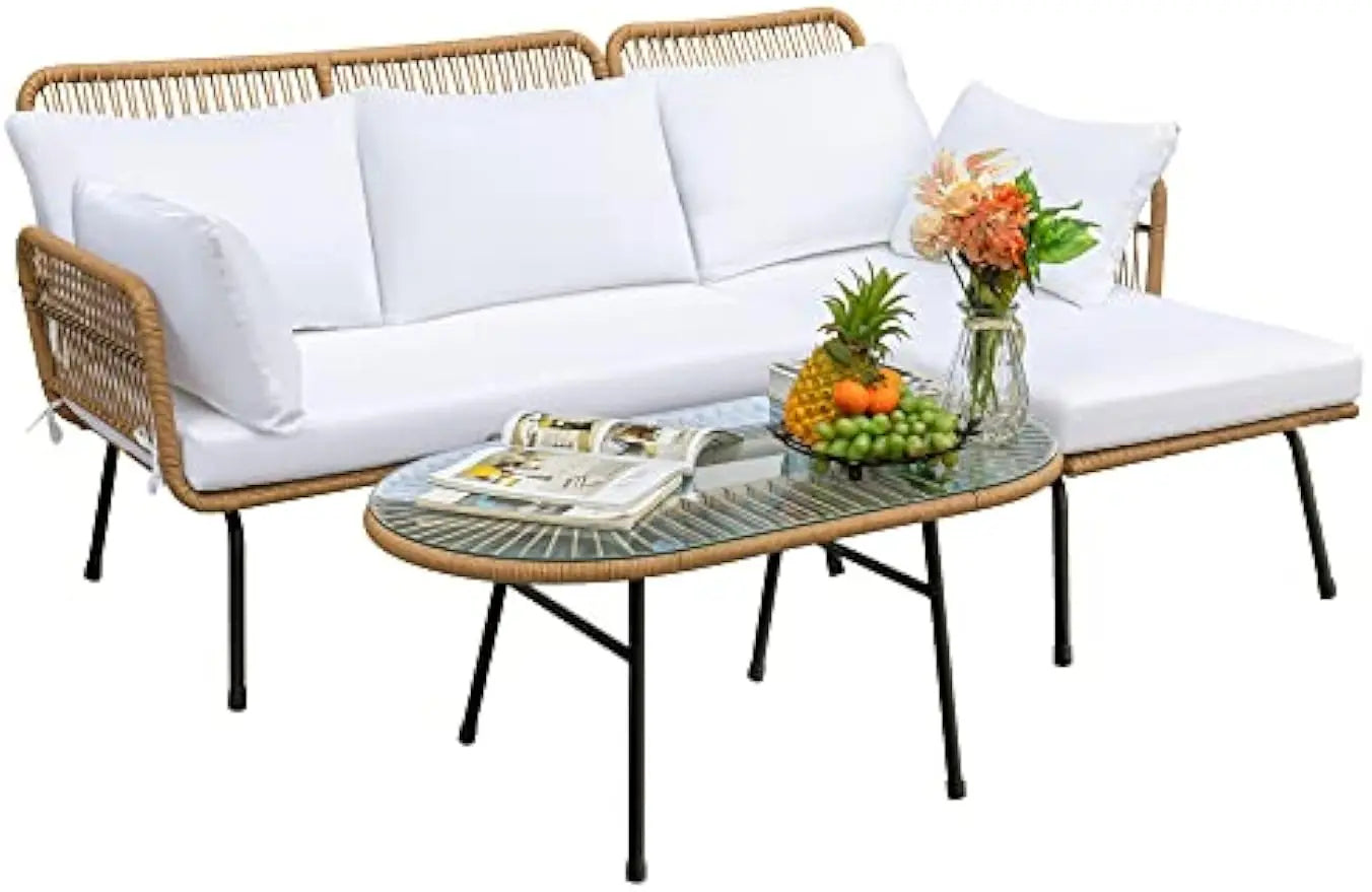 Outdoor L-Shaped Rope Sofa Set with Table & Cushions,