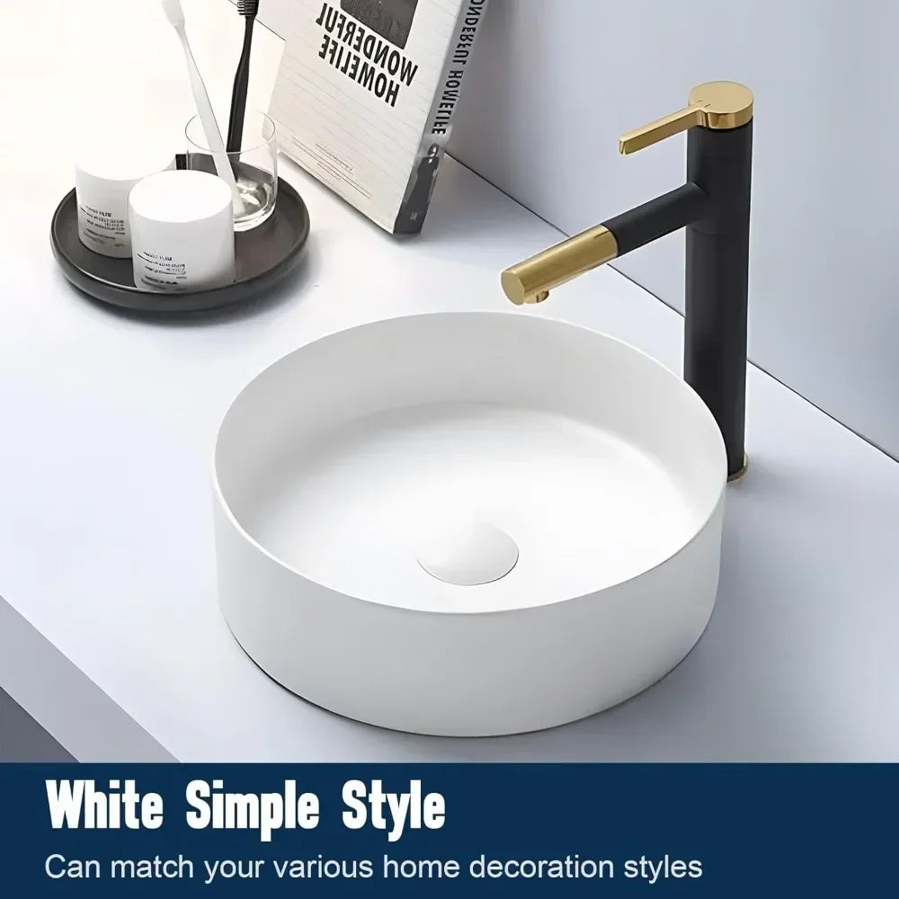 14 inch White Ceramic Bathroom Sink Round Countertop Sink,