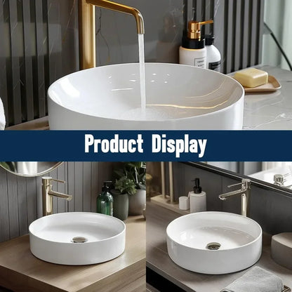 14 inch White Ceramic Bathroom Sink Round Countertop Sink,