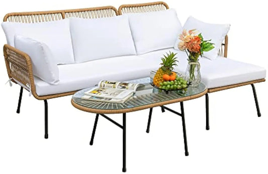 Outdoor L-Shaped Rope Sofa Set with Table & Cushions,