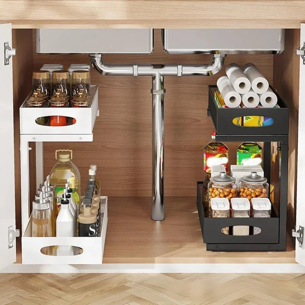 2 Tier Adjustable Height Under Sink Organizer with Sliding Drawer