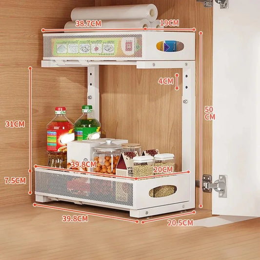 2 Tier Adjustable Height Under Sink Organizer with Sliding Drawer