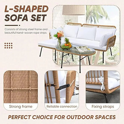 Outdoor L-Shaped Rope Sofa Set with Table & Cushions,