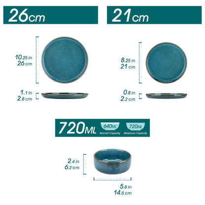 Blue Ceramic Plate Set Reactive Glaze Vertical edge Dinnerware Set With 6/12PCS Dinner Plate/Dessert/Bowl