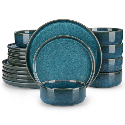 Blue Ceramic Plate Set Reactive Glaze Vertical edge Dinnerware Set With 6/12PCS Dinner Plate/Dessert/Bowl