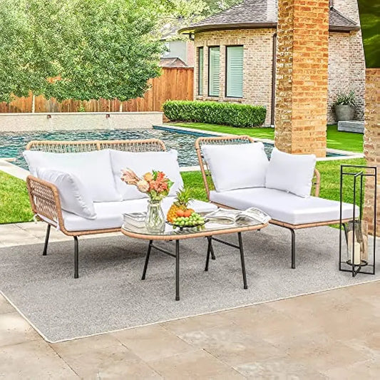 Outdoor L-Shaped Rope Sofa Set with Table & Cushions,